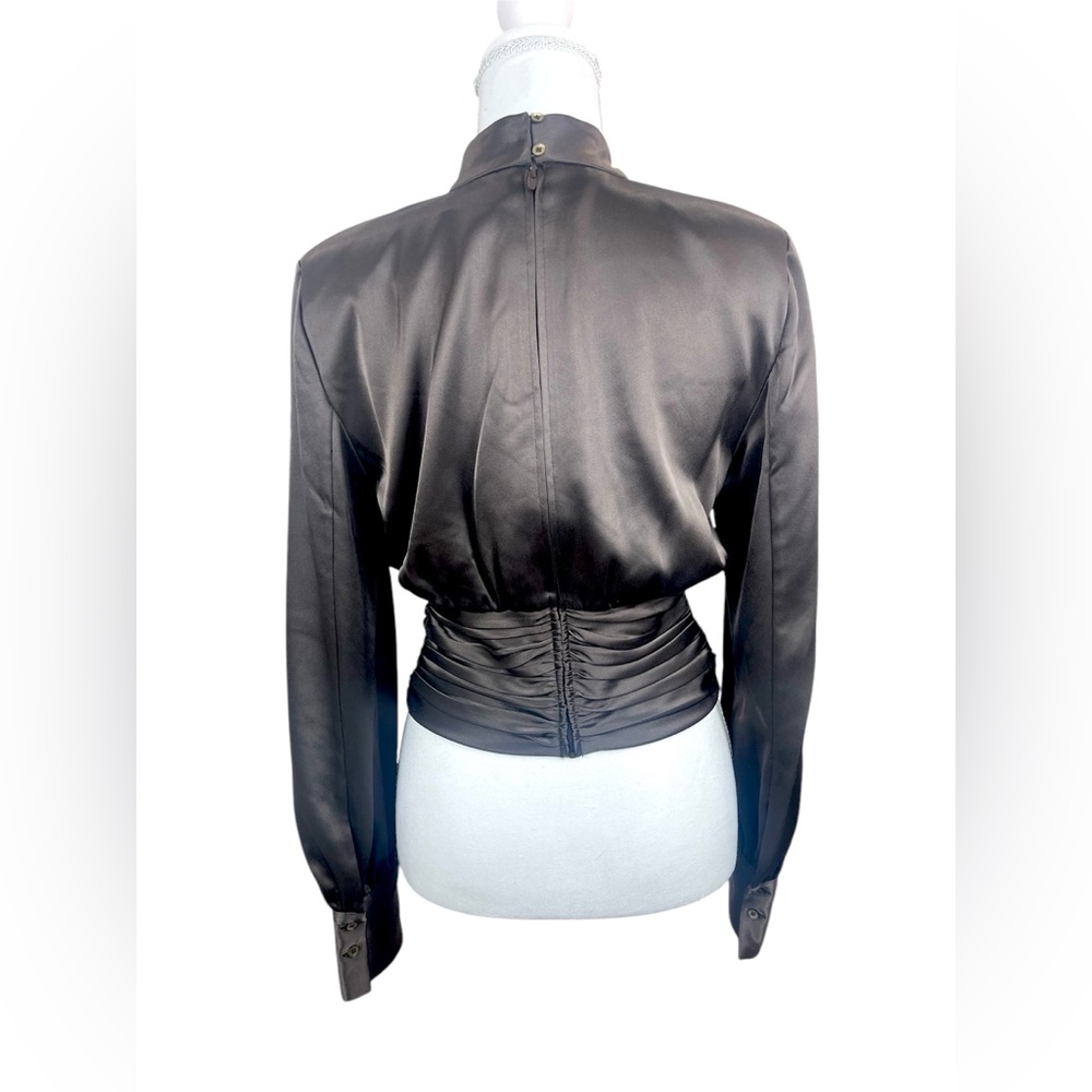 Aritzia Babaton Chocolate Brown Rosalia Ruched Satin Elegant Blouse Mock Neck - Picture 4 of 14